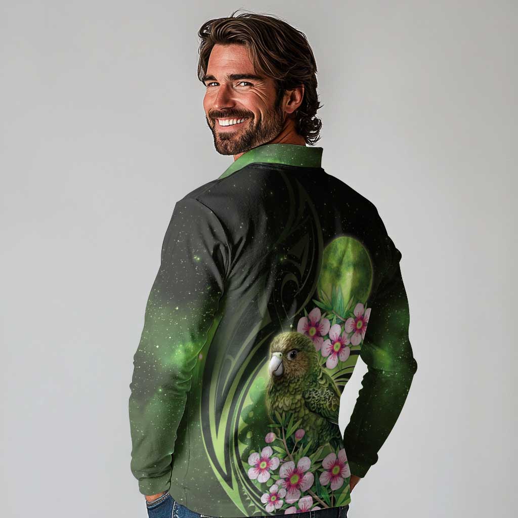New Zealand Aotearoa Kakapo Long Sleeve Polo Shirt Maori Pattern With Manuka Galaxy Style - Aussie Hoodie