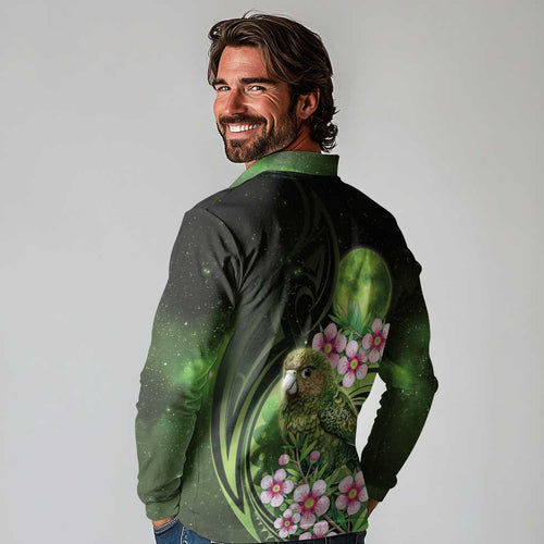 New Zealand Aotearoa Kakapo Long Sleeve Polo Shirt Maori Pattern With Manuka Galaxy Style - Aussie Hoodie