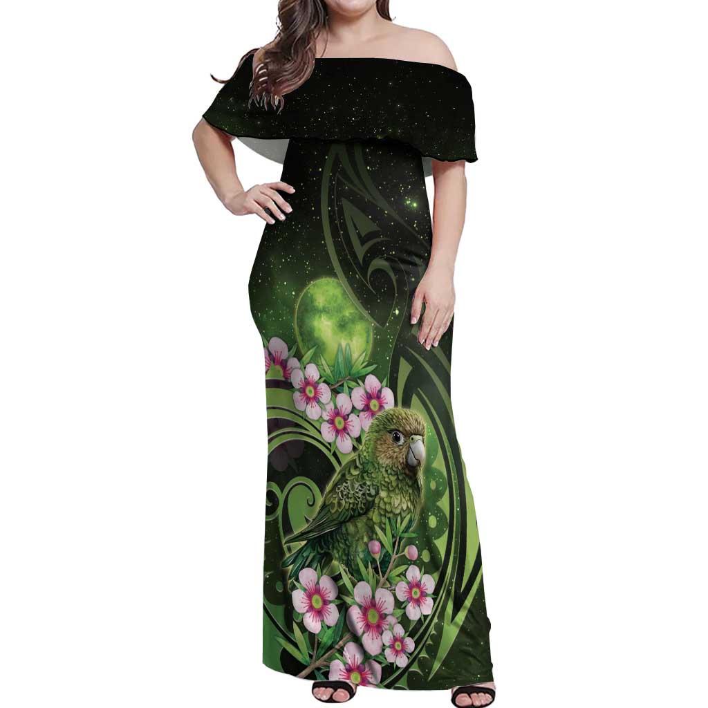 New Zealand Aotearoa Kakapo Off Shoulder Maxi Dress Maori Pattern With Manuka Galaxy Style - Aussie Hoodie