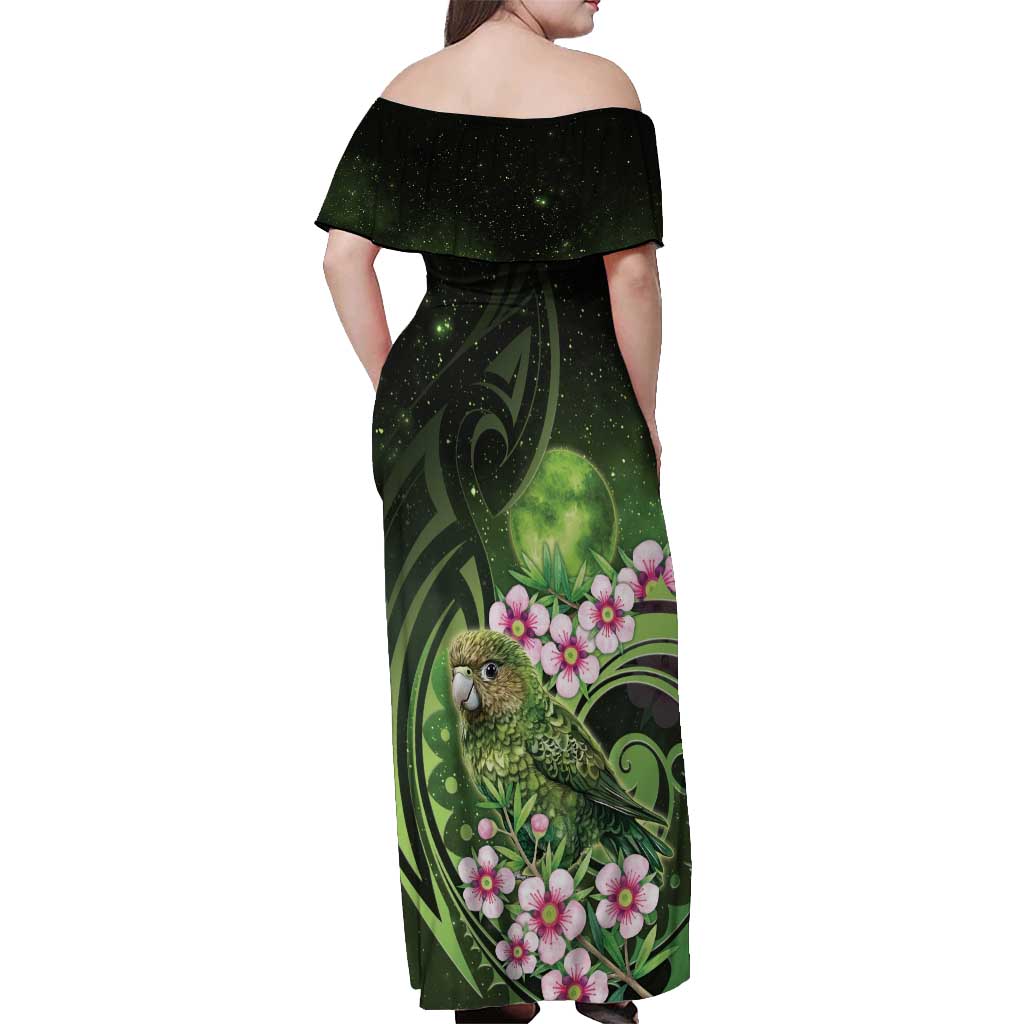 New Zealand Aotearoa Kakapo Off Shoulder Maxi Dress Maori Pattern With Manuka Galaxy Style - Aussie Hoodie