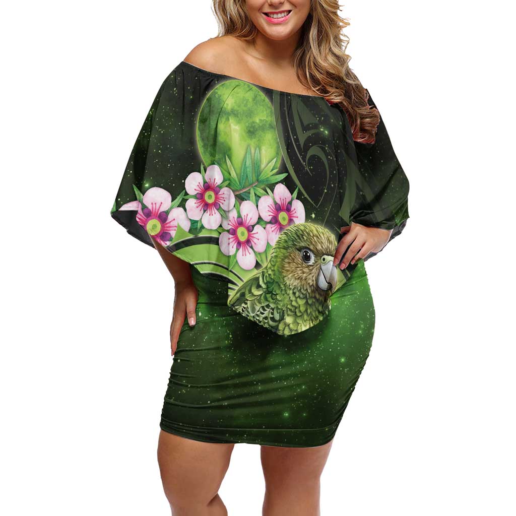 New Zealand Aotearoa Kakapo Off Shoulder Short Dress Maori Pattern With Manuka Galaxy Style - Aussie Hoodie