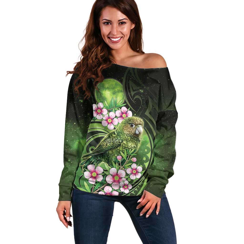 New Zealand Aotearoa Kakapo Off Shoulder Sweater Maori Pattern With Manuka Galaxy Style - Aussie Hoodie