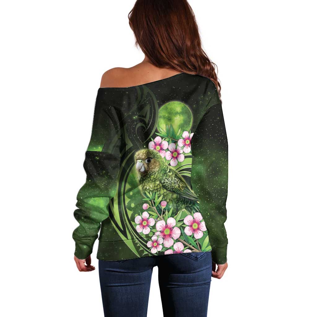 New Zealand Aotearoa Kakapo Off Shoulder Sweater Maori Pattern With Manuka Galaxy Style - Aussie Hoodie