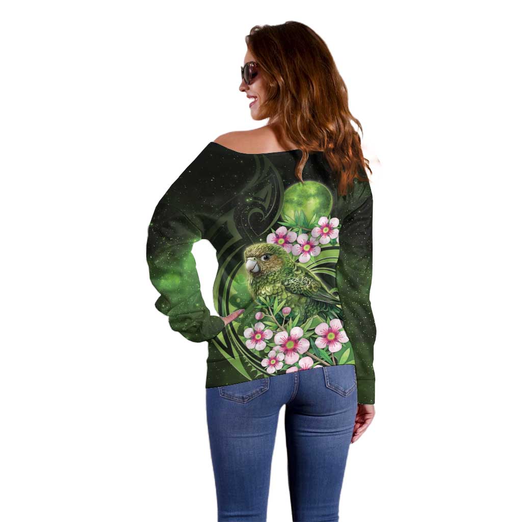 New Zealand Aotearoa Kakapo Off Shoulder Sweater Maori Pattern With Manuka Galaxy Style - Aussie Hoodie