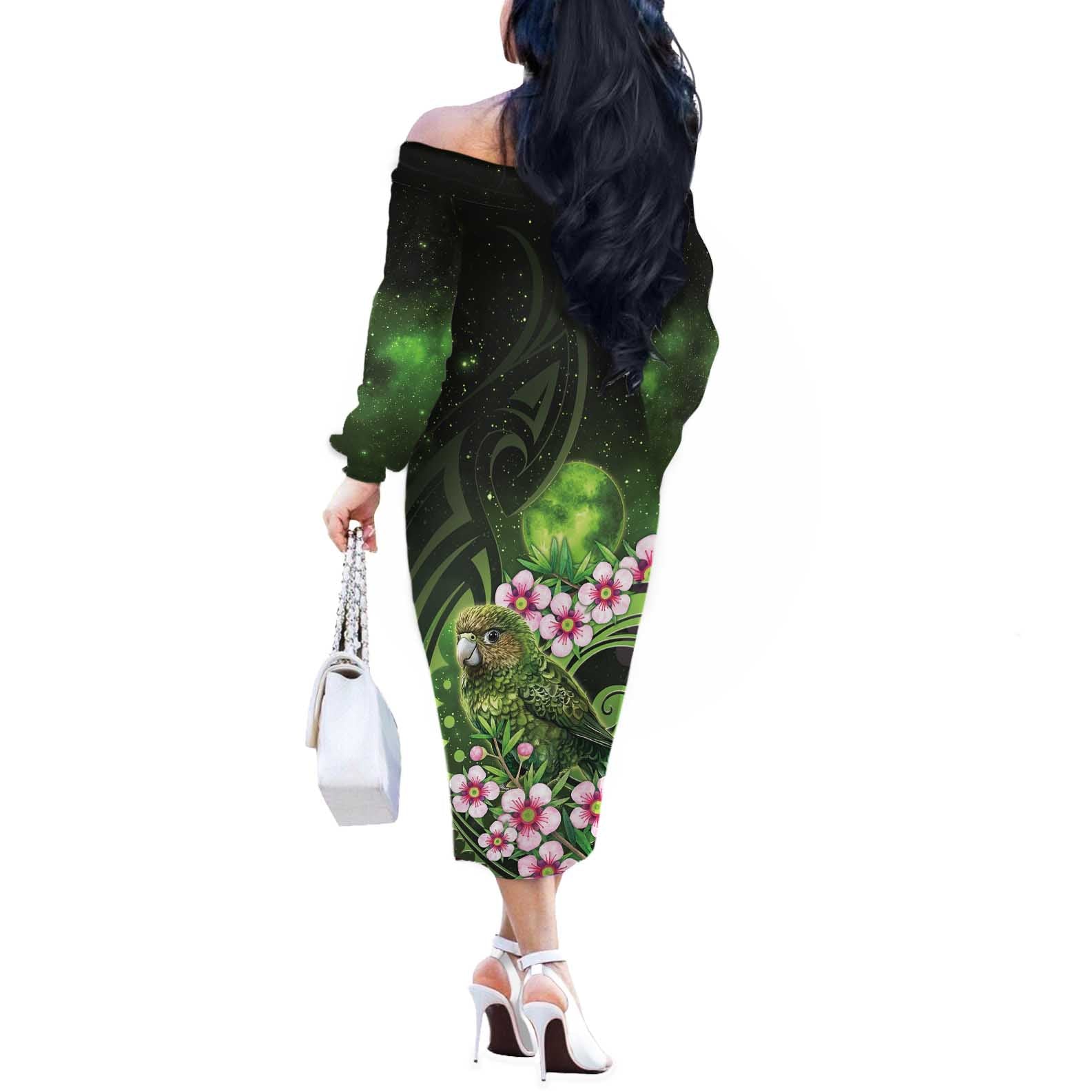 New Zealand Aotearoa Kakapo Off The Shoulder Long Sleeve Dress Maori Pattern With Manuka Galaxy Style - Aussie Hoodie