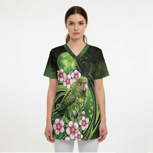 New Zealand Aotearoa Kakapo Scrub Top Maori Pattern With Manuka Galaxy Style - Aussie Hoodie