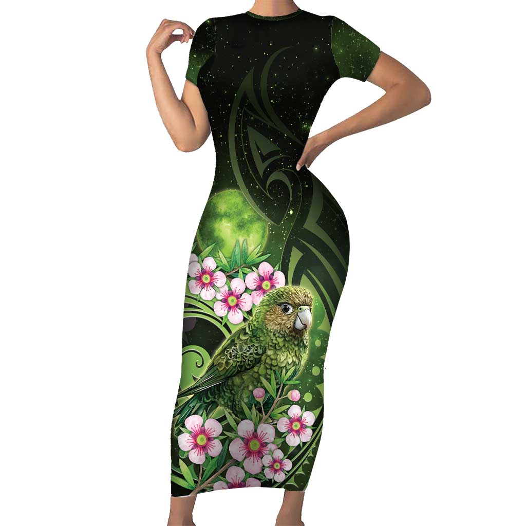 New Zealand Aotearoa Kakapo Short Sleeve Bodycon Dress Maori Pattern With Manuka Galaxy Style - Aussie Hoodie