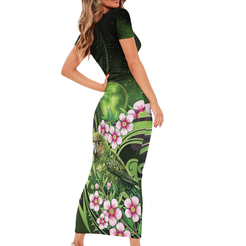 New Zealand Aotearoa Kakapo Short Sleeve Bodycon Dress Maori Pattern With Manuka Galaxy Style - Aussie Hoodie