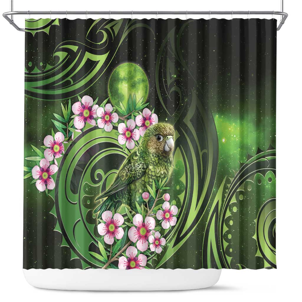 New Zealand Aotearoa Kakapo Shower Curtain Maori Pattern With Manuka Galaxy Style - Aussie Hoodie