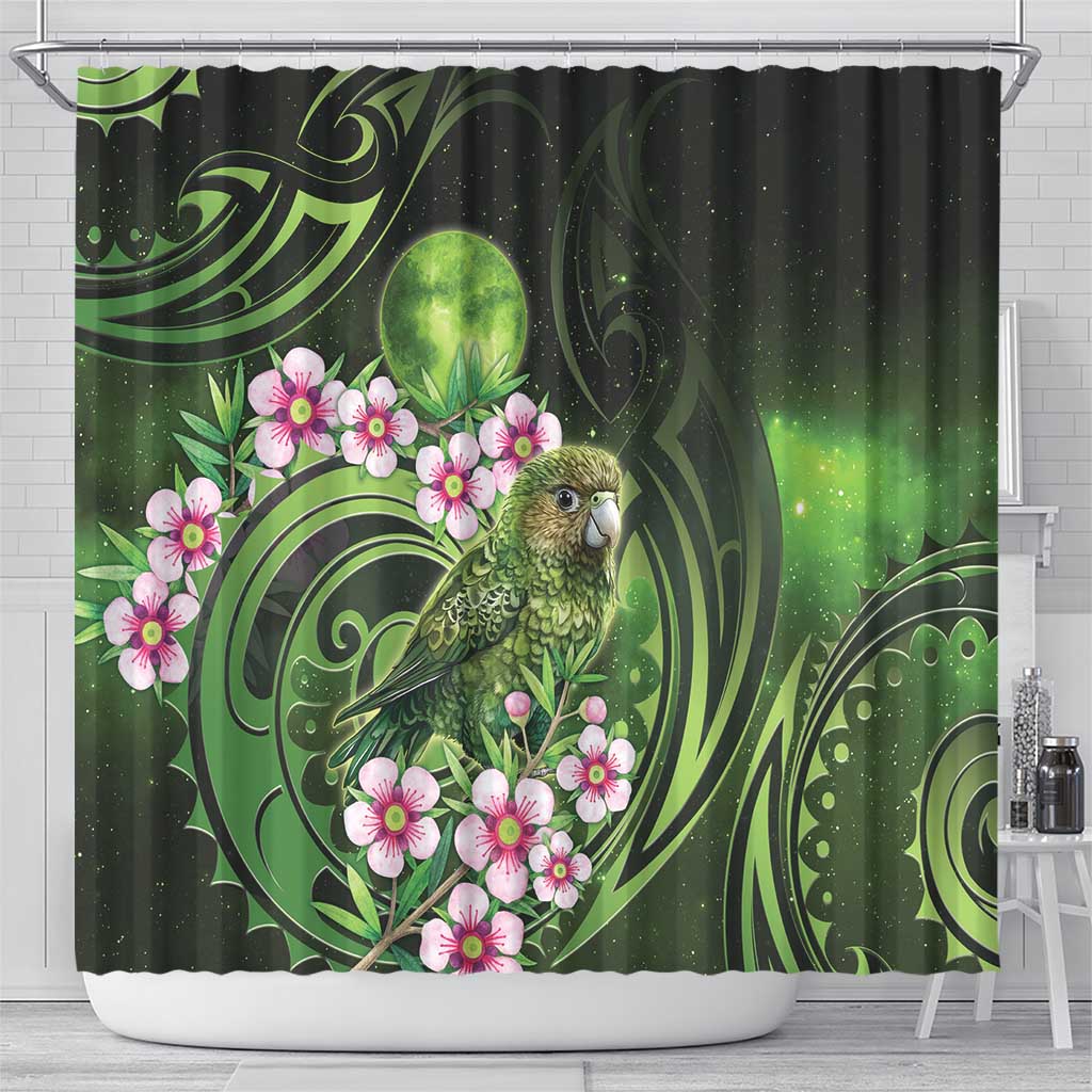 New Zealand Aotearoa Kakapo Shower Curtain Maori Pattern With Manuka Galaxy Style - Aussie Hoodie