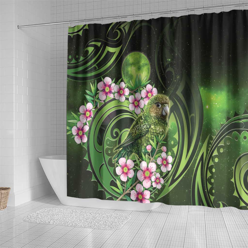 New Zealand Aotearoa Kakapo Shower Curtain Maori Pattern With Manuka Galaxy Style - Aussie Hoodie