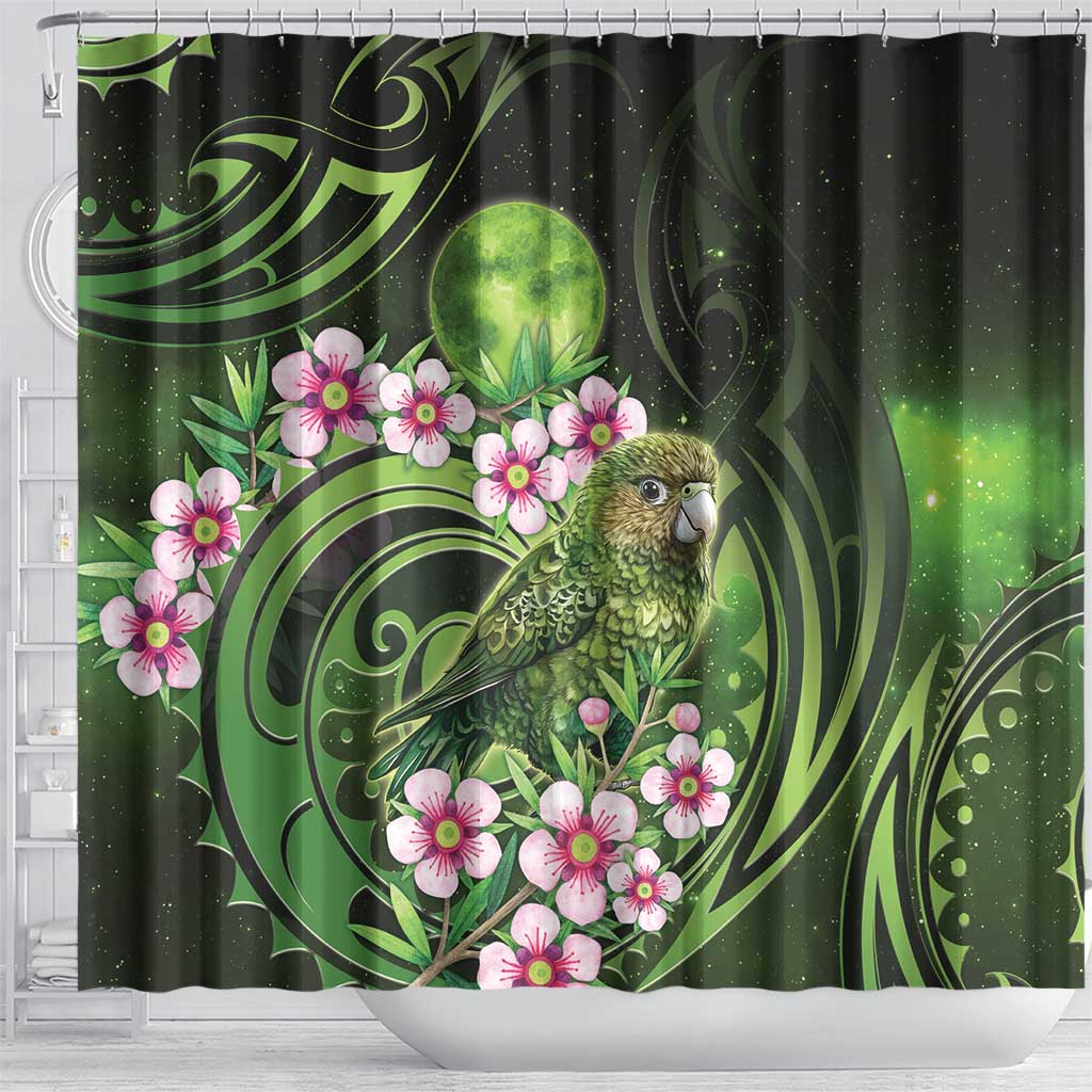 New Zealand Aotearoa Kakapo Shower Curtain Maori Pattern With Manuka Galaxy Style - Aussie Hoodie