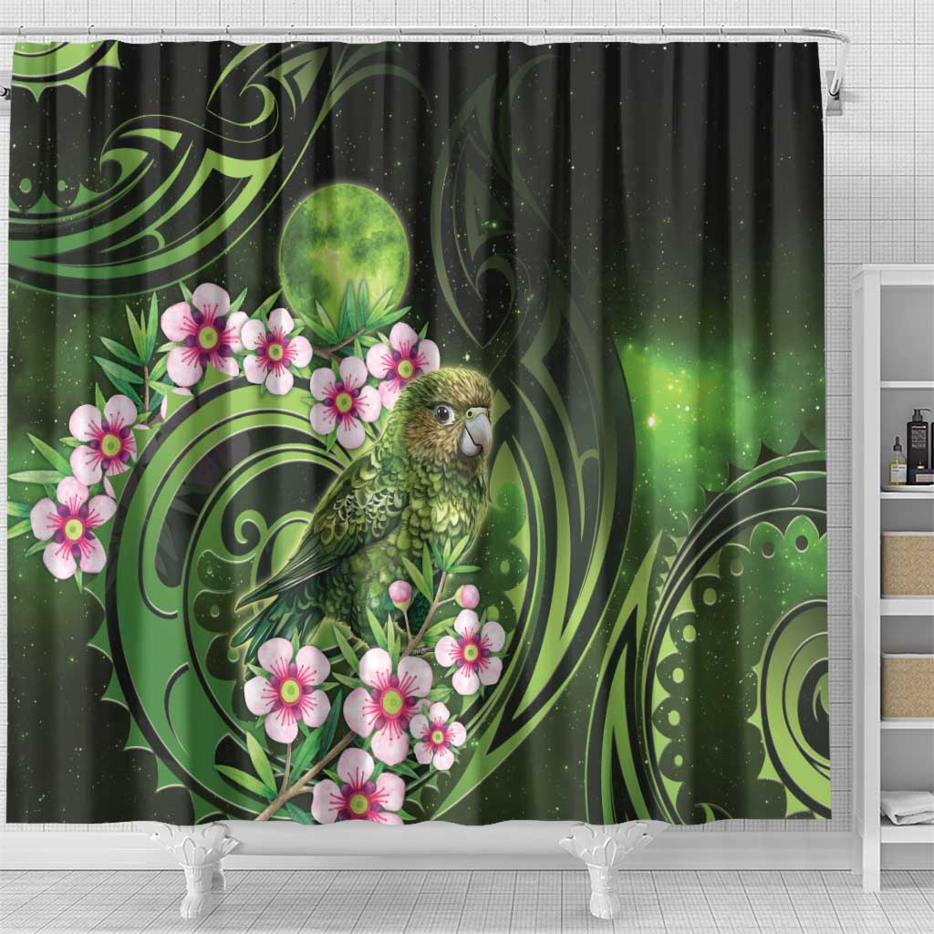 New Zealand Aotearoa Kakapo Shower Curtain Maori Pattern With Manuka Galaxy Style - Aussie Hoodie