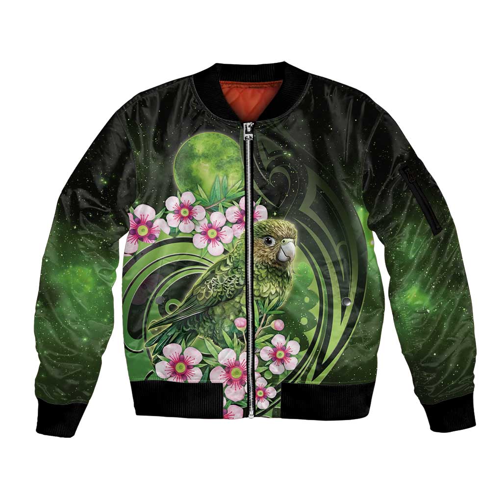 New Zealand Aotearoa Kakapo Sleeve Zip Bomber Jacket Maori Pattern With Manuka Galaxy Style - Aussie Hoodie