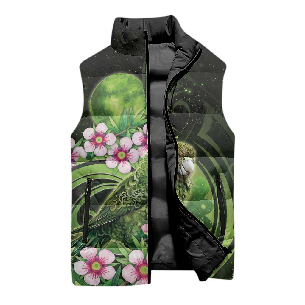 New Zealand Aotearoa Kakapo Sleeveless Puffer Jacket Maori Pattern With Manuka Galaxy Style - Aussie Hoodie