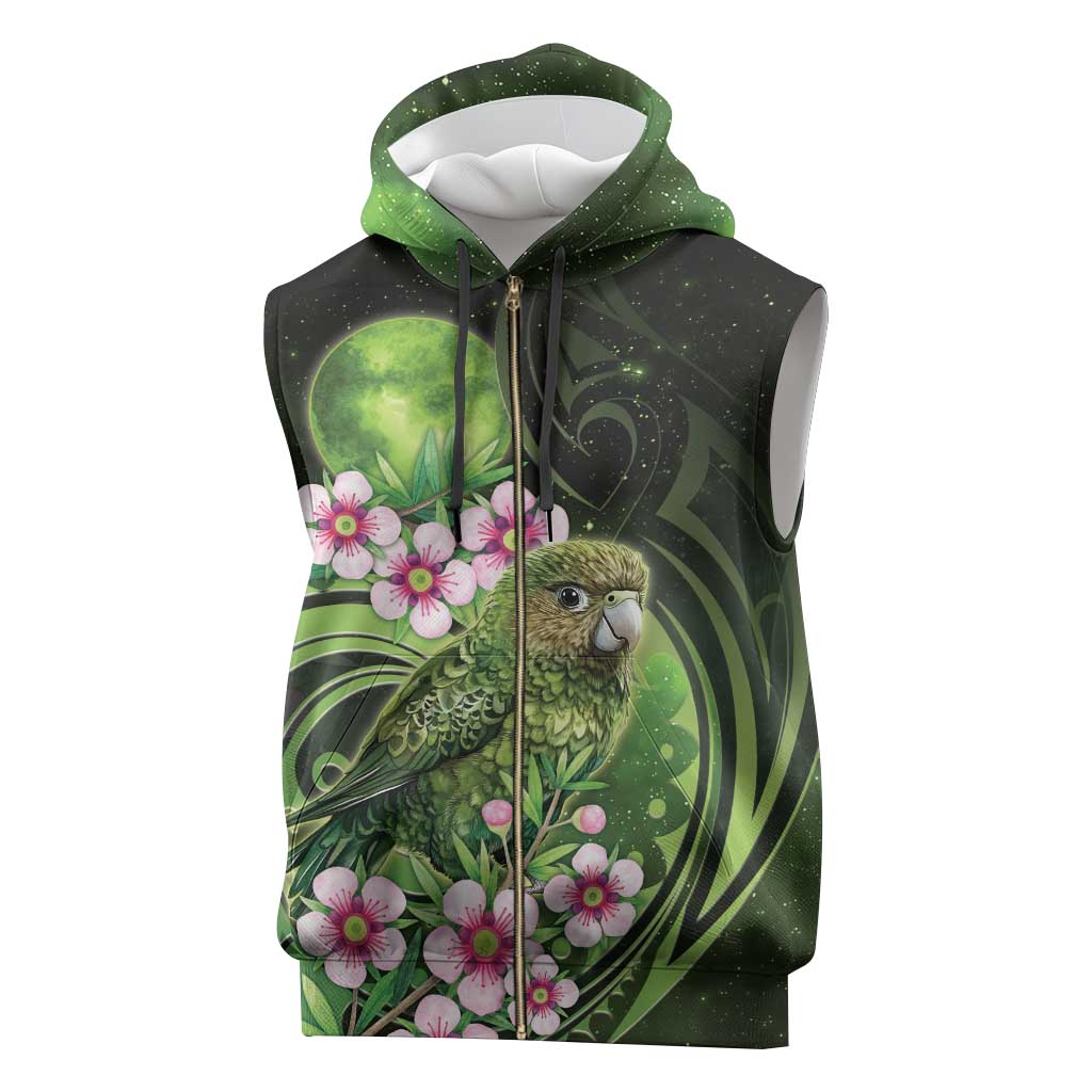 New Zealand Aotearoa Kakapo Sleeveless Zip Hoodie Maori Pattern With Manuka Galaxy Style - Aussie Hoodie