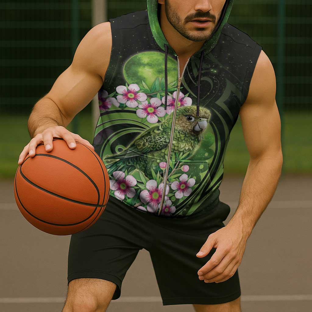 New Zealand Aotearoa Kakapo Sleeveless Zip Hoodie Maori Pattern With Manuka Galaxy Style - Aussie Hoodie