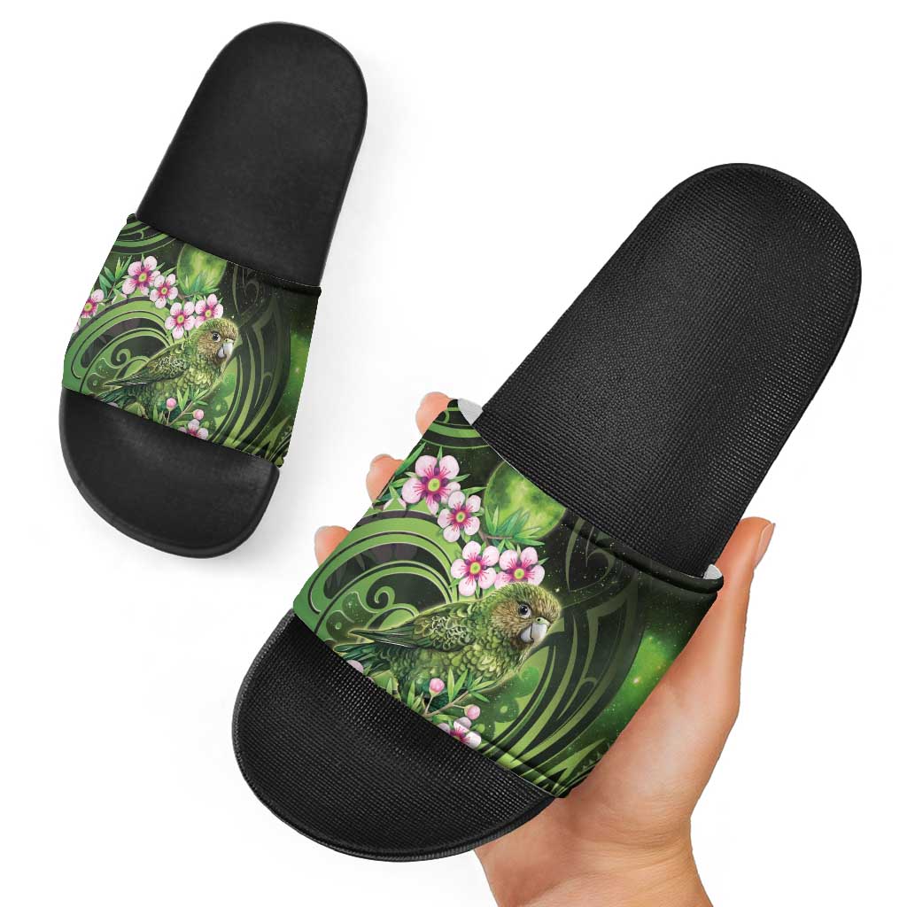 New Zealand Aotearoa Kakapo Slide Sandals Maori Pattern With Manuka Galaxy Style - Aussie Hoodie