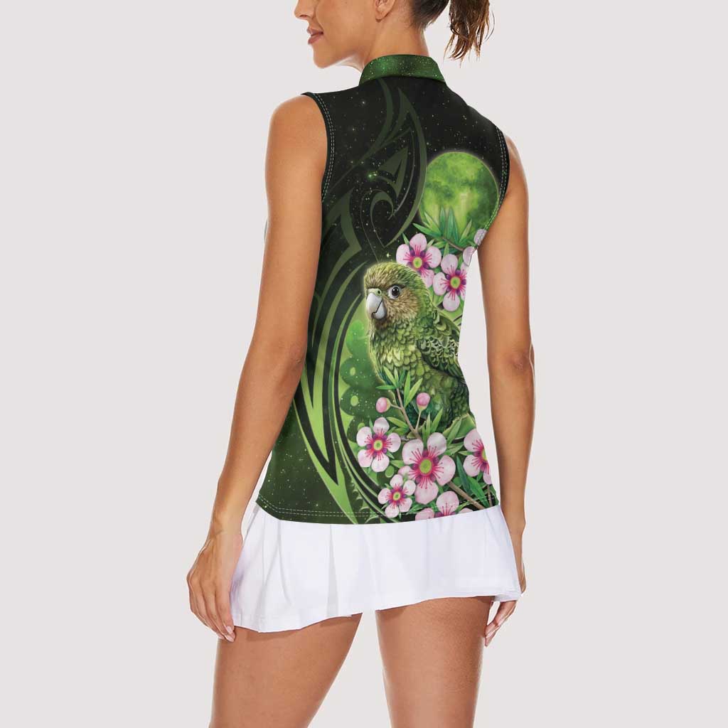 New Zealand Aotearoa Kakapo Women Sleeveless Polo Shirt Maori Pattern With Manuka Galaxy Style - Aussie Hoodie