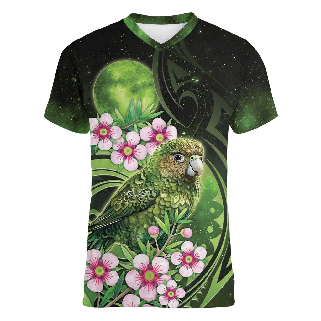 New Zealand Aotearoa Kakapo Women V-Neck T-Shirt Maori Pattern With Manuka Galaxy Style - Aussie Hoodie