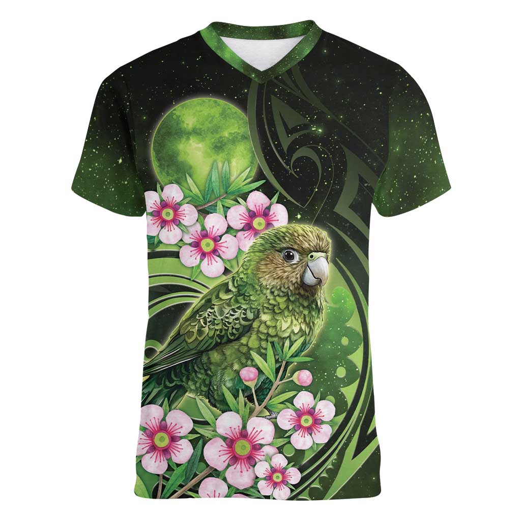 New Zealand Aotearoa Kakapo Women V-Neck T-Shirt Maori Pattern With Manuka Galaxy Style - Aussie Hoodie