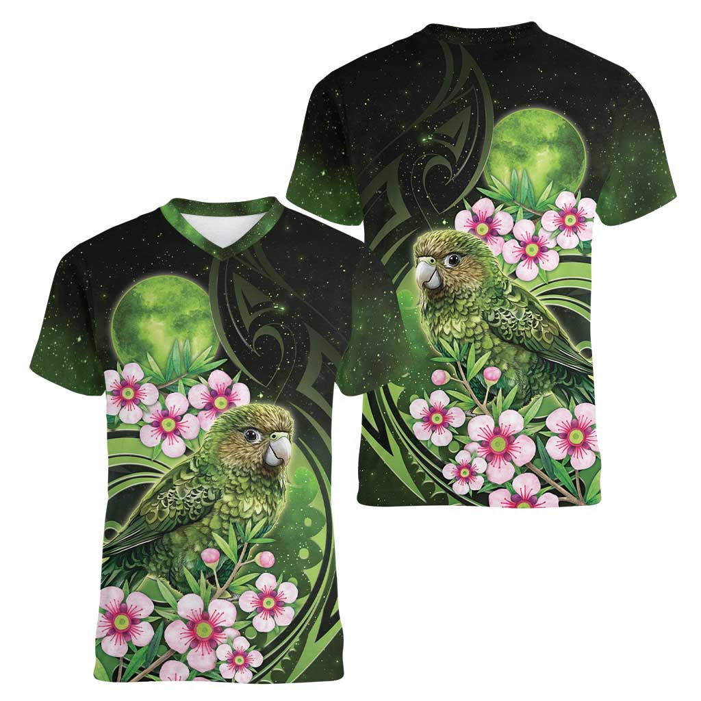 New Zealand Aotearoa Kakapo Women V-Neck T-Shirt Maori Pattern With Manuka Galaxy Style - Aussie Hoodie