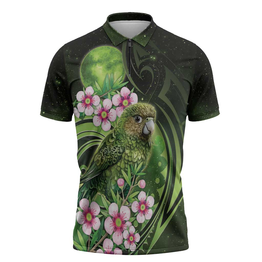 New Zealand Aotearoa Kakapo Zipper Polo Shirt Maori Pattern With Manuka Galaxy Style - Aussie Hoodie