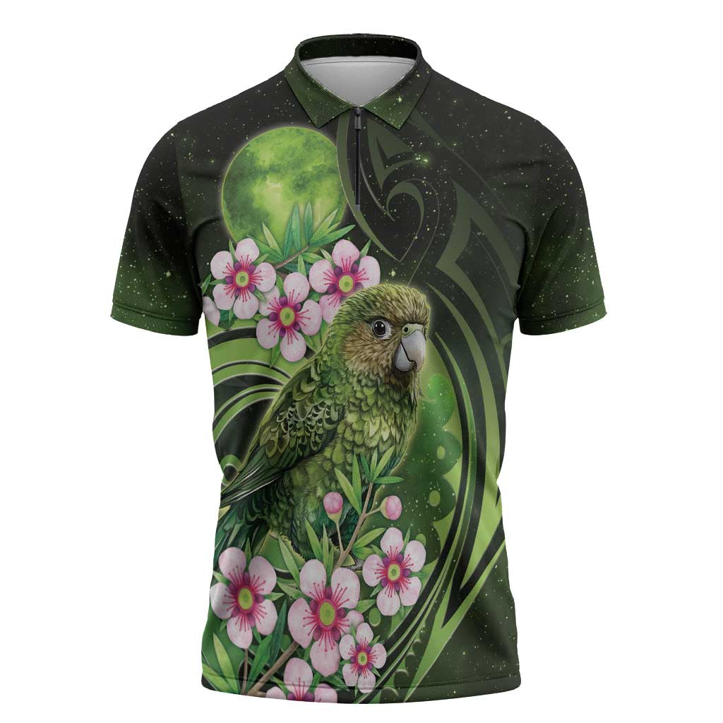 New Zealand Aotearoa Kakapo Zipper Polo Shirt Maori Pattern With Manuka Galaxy Style - Aussie Hoodie