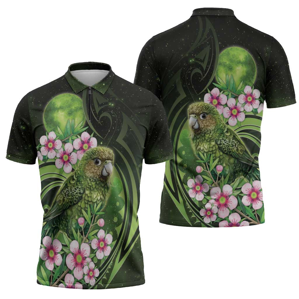 New Zealand Aotearoa Kakapo Zipper Polo Shirt Maori Pattern With Manuka Galaxy Style - Aussie Hoodie