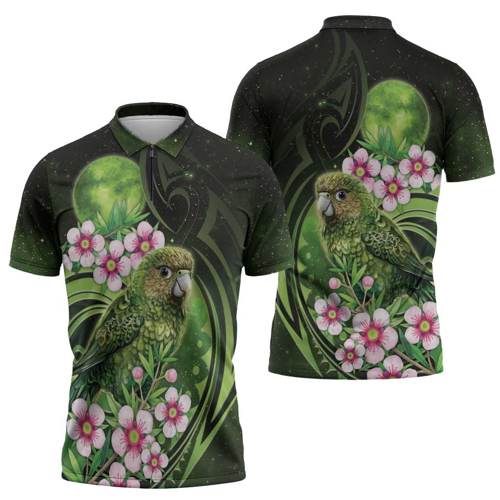 New Zealand Aotearoa Kakapo Zipper Polo Shirt Maori Pattern With Manuka Galaxy Style - Aussie Hoodie