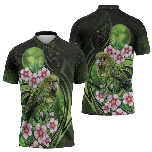 New Zealand Aotearoa Kakapo Zipper Polo Shirt Maori Pattern With Manuka Galaxy Style - Aussie Hoodie