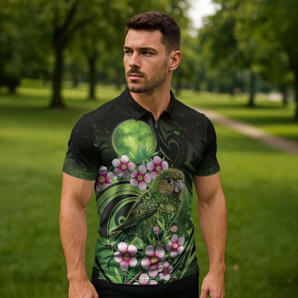 New Zealand Aotearoa Kakapo Zipper Polo Shirt Maori Pattern With Manuka Galaxy Style - Aussie Hoodie