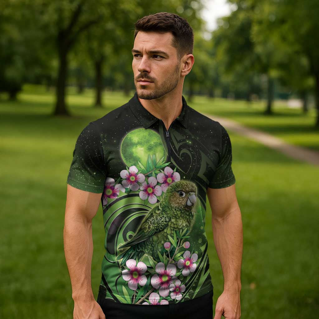 New Zealand Aotearoa Kakapo Zipper Polo Shirt Maori Pattern With Manuka Galaxy Style - Aussie Hoodie