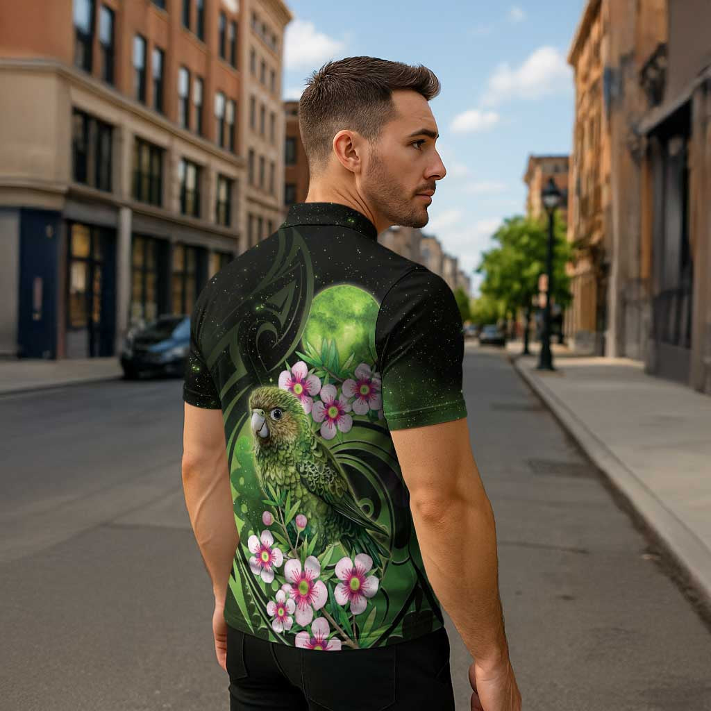 New Zealand Aotearoa Kakapo Zipper Polo Shirt Maori Pattern With Manuka Galaxy Style - Aussie Hoodie