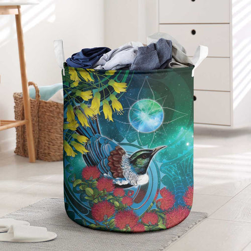 New Zealand Tui Bird Laundry Basket Maori Koru With Pohutukawa Galaxy Style - Aussie Hoodie