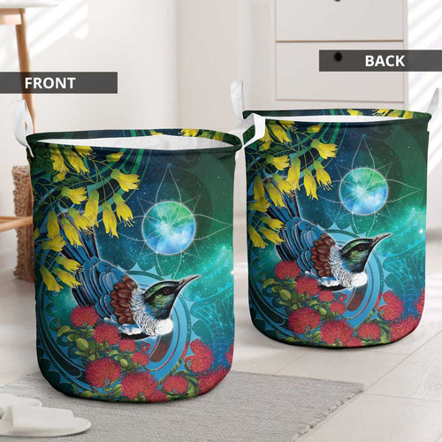New Zealand Tui Bird Laundry Basket Maori Koru With Pohutukawa Galaxy Style - Aussie Hoodie