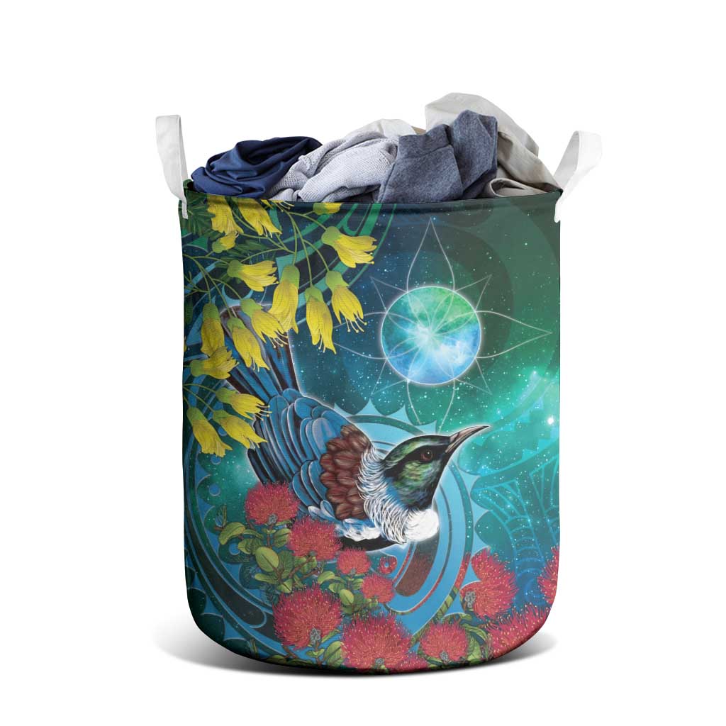 New Zealand Tui Bird Laundry Basket Maori Koru With Pohutukawa Galaxy Style - Aussie Hoodie