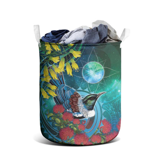 New Zealand Tui Bird Laundry Basket Maori Koru With Pohutukawa Galaxy Style - Aussie Hoodie