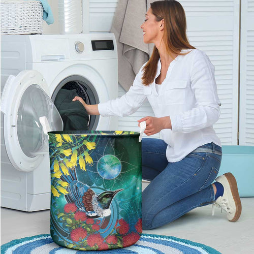 New Zealand Tui Bird Laundry Basket Maori Koru With Pohutukawa Galaxy Style - Aussie Hoodie