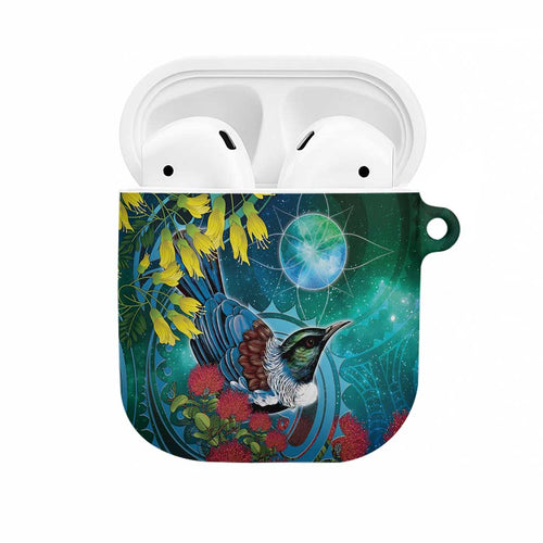 New Zealand Tui Bird AirPods Case Maori Koru With Pohutukawa Galaxy Style - Aussie Hoodie