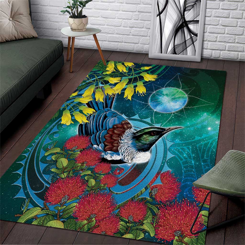 New Zealand Tui Bird Area Rug Maori Koru With Pohutukawa Galaxy Style - Aussie Hoodie