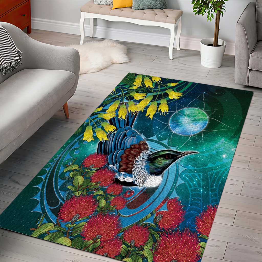 New Zealand Tui Bird Area Rug Maori Koru With Pohutukawa Galaxy Style - Aussie Hoodie