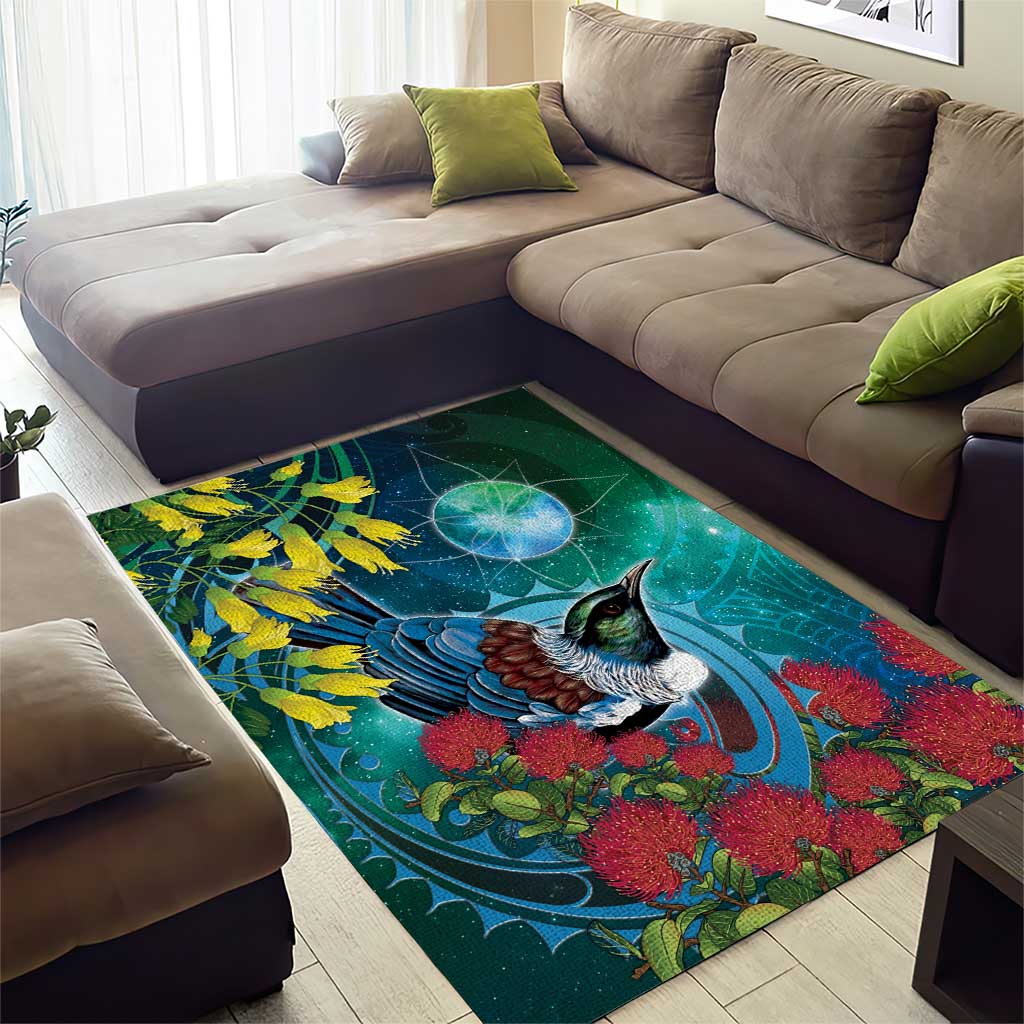 New Zealand Tui Bird Area Rug Maori Koru With Pohutukawa Galaxy Style - Aussie Hoodie