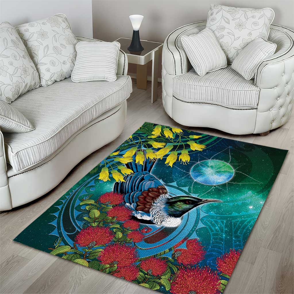New Zealand Tui Bird Area Rug Maori Koru With Pohutukawa Galaxy Style - Aussie Hoodie