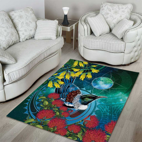New Zealand Tui Bird Area Rug Maori Koru With Pohutukawa Galaxy Style - Aussie Hoodie