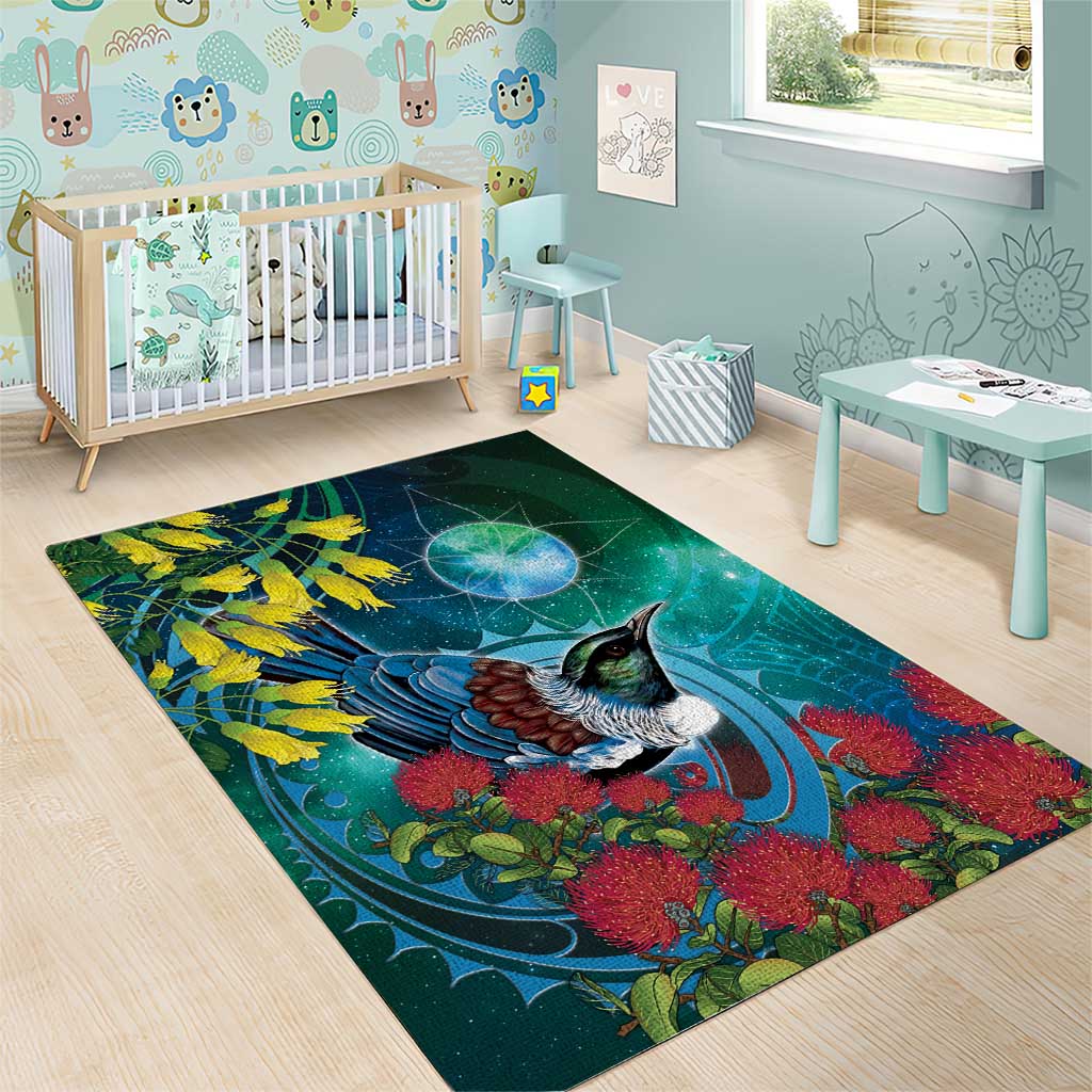 New Zealand Tui Bird Area Rug Maori Koru With Pohutukawa Galaxy Style - Aussie Hoodie