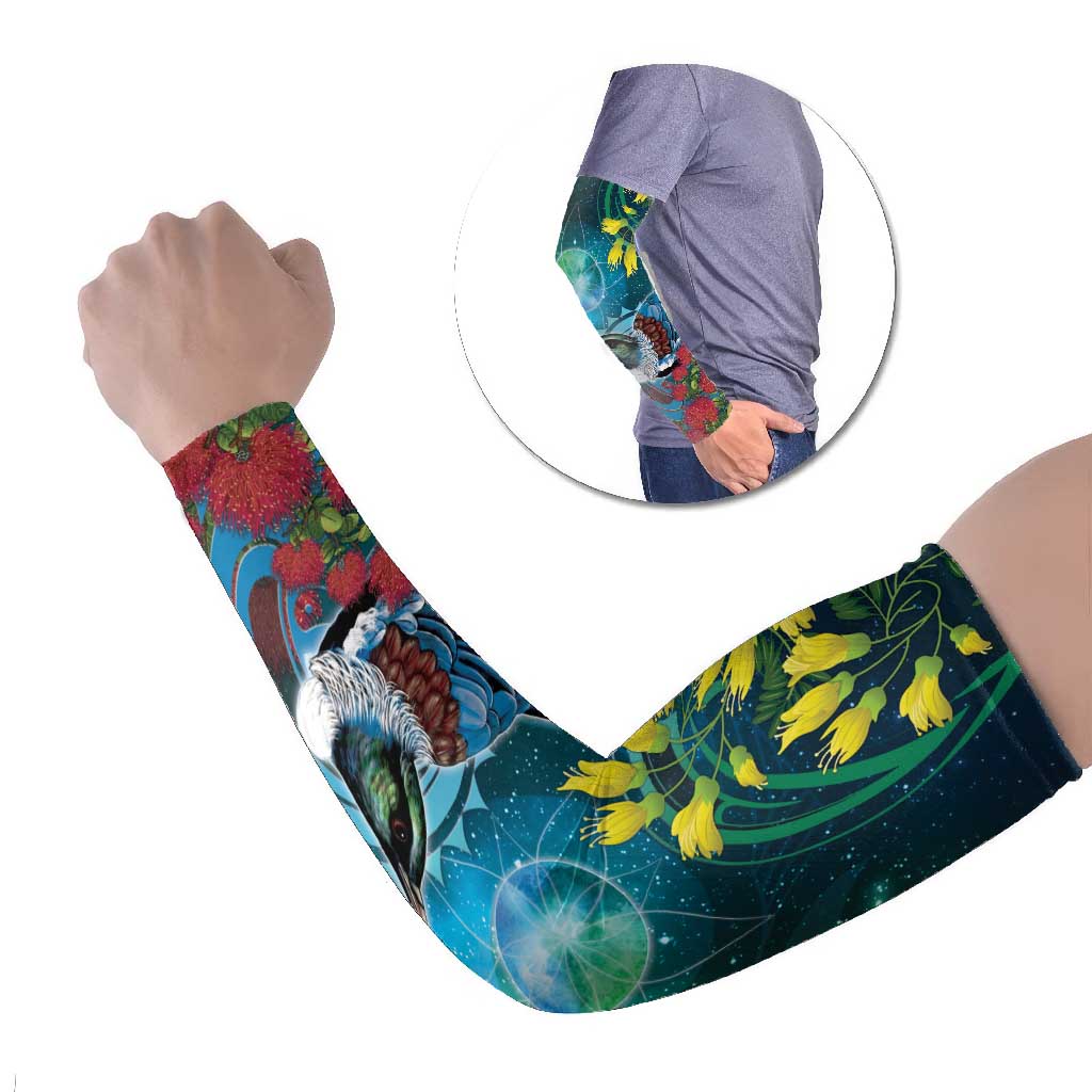 New Zealand Tui Bird Arm Sleeves Maori Koru With Pohutukawa Galaxy Style - Aussie Hoodie