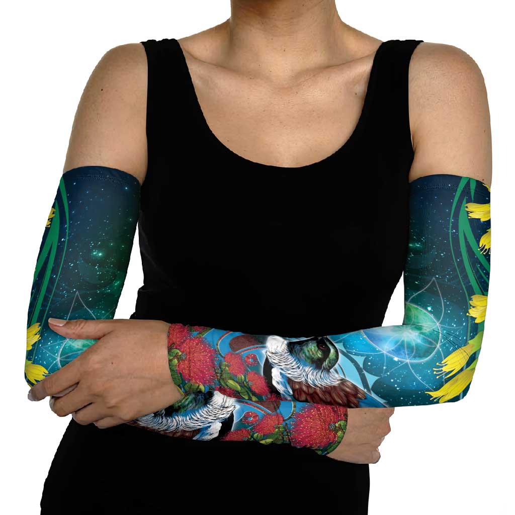 New Zealand Tui Bird Arm Sleeves Maori Koru With Pohutukawa Galaxy Style - Aussie Hoodie