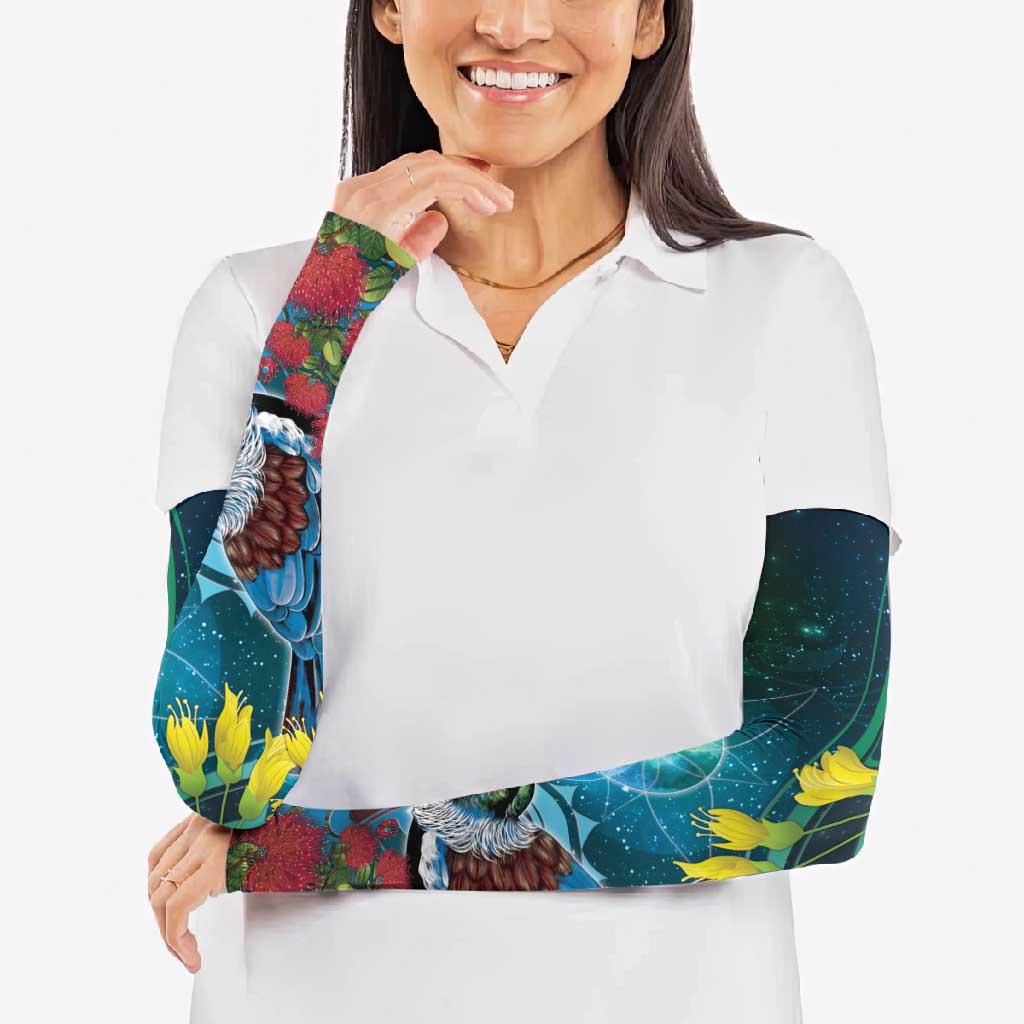 New Zealand Tui Bird Arm Sleeves Maori Koru With Pohutukawa Galaxy Style - Aussie Hoodie