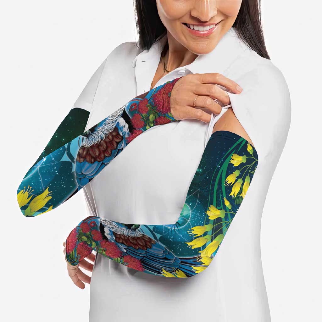 New Zealand Tui Bird Arm Sleeves Maori Koru With Pohutukawa Galaxy Style - Aussie Hoodie